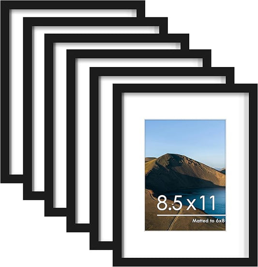 PEALSN 8.5 x 11 Picture Frame Set of 6, Display Pictures 6x8 with Mat or 8.5 x 11 without Mat for Wall Mounting Display, P...
