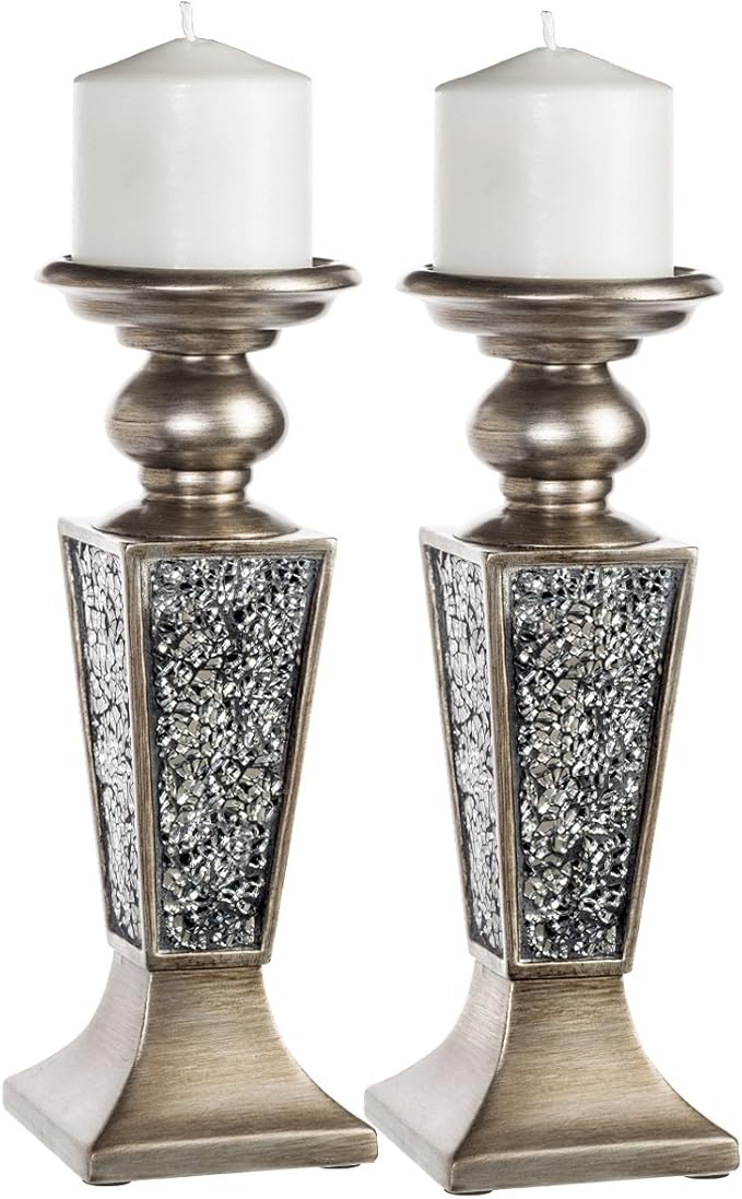 Creative Scents Schonwerk Silver Pillar Candle Holder Set of 2 - Crackled Mosaic Design - Centerpiece Table Decoration - C...