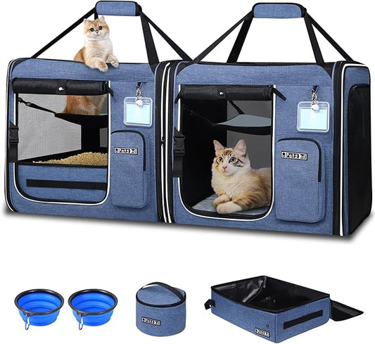 Petskd 2 in 1 Double Cat Car Travel Carrier with Litter Box, 38"x17"x18" Portable Dual Extra Large Cat Carrier for Multipl...