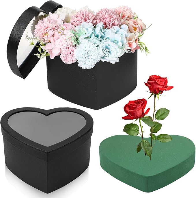 Nuenen Heart Gift Boxes with Lid & Floral Foam Set, Flower Gift Box with Clear Cellophane 9.8 x 9 x 5 Inches for Mother's ...