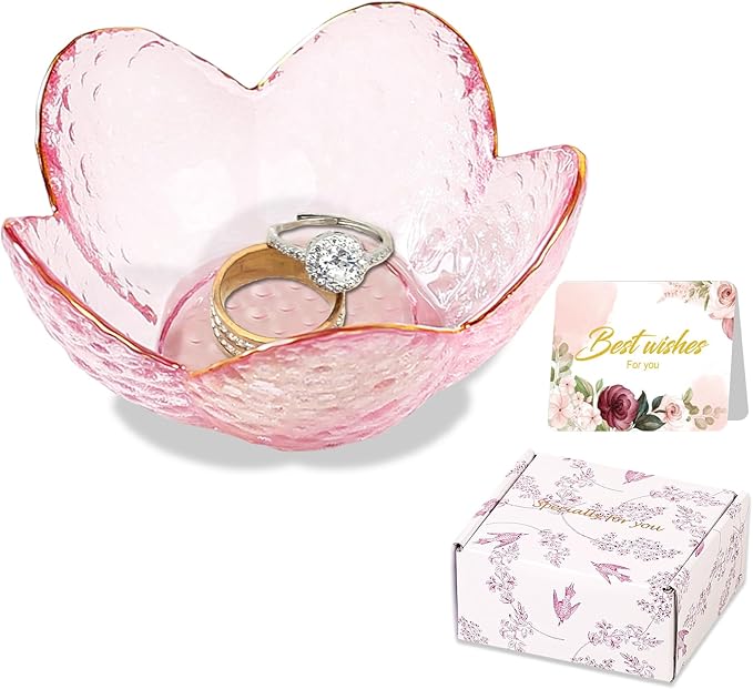 Gifts for Women Pink Flower Ring Dish Glass Jewelry Dish Jewelry Tray Cute Vanity Organizer Room Decor Aesthetic Nightstan...