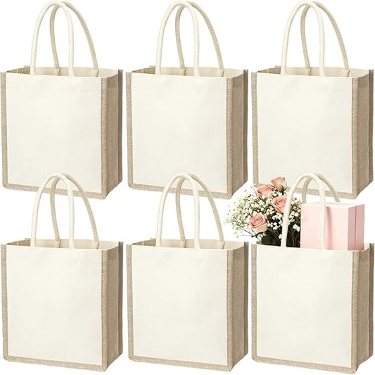 SOUJOY 6 Pack Burlap Tote Bags, Reusable Jute Gift Tote with Handles, Small Beach Bags, Canvas Grocery Shopping Tote for B...