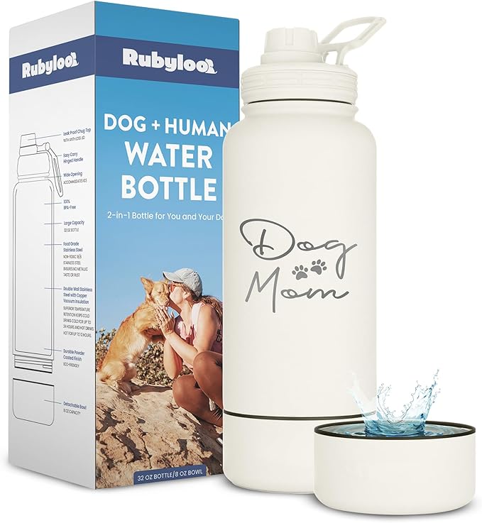 Dog Mom Water Bottle - 32 oz Stainless Steel Double Wall Insulated with 8 oz Detachable Bowl on Bottom - Cool Dog Mom Gift...