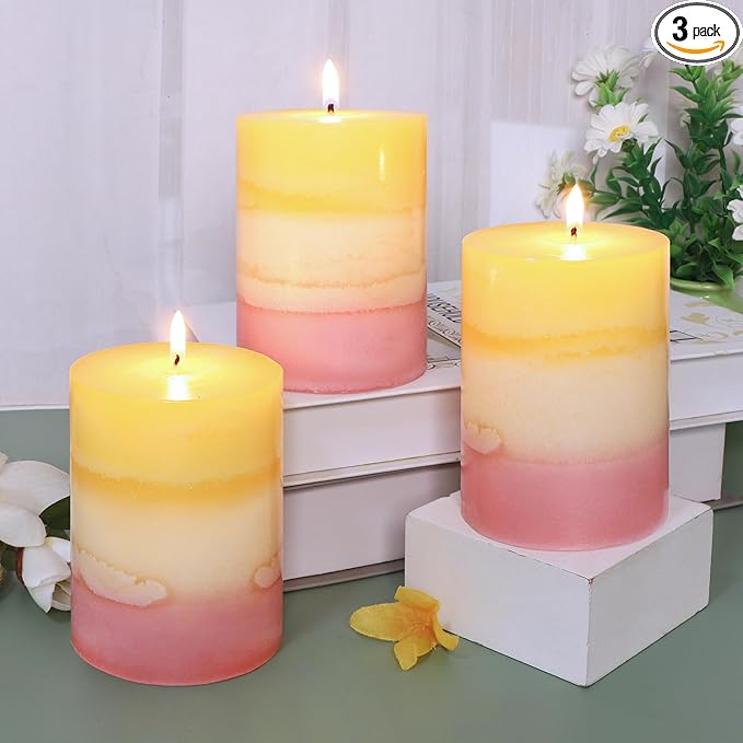 Sweet Scented Candles 3x4 Inch Pillar Candle Honeysuckle Scented Layered Yellow White Pink Aesthetic Decorative Candle for...