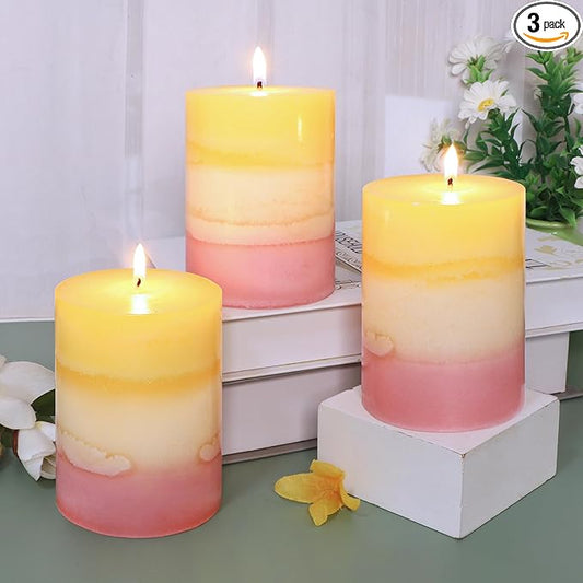 Sweet Scented Candles 3x4 Inch Pillar Candle Honeysuckle Scented Layered Yellow White Pink Aesthetic Decorative Candle for...