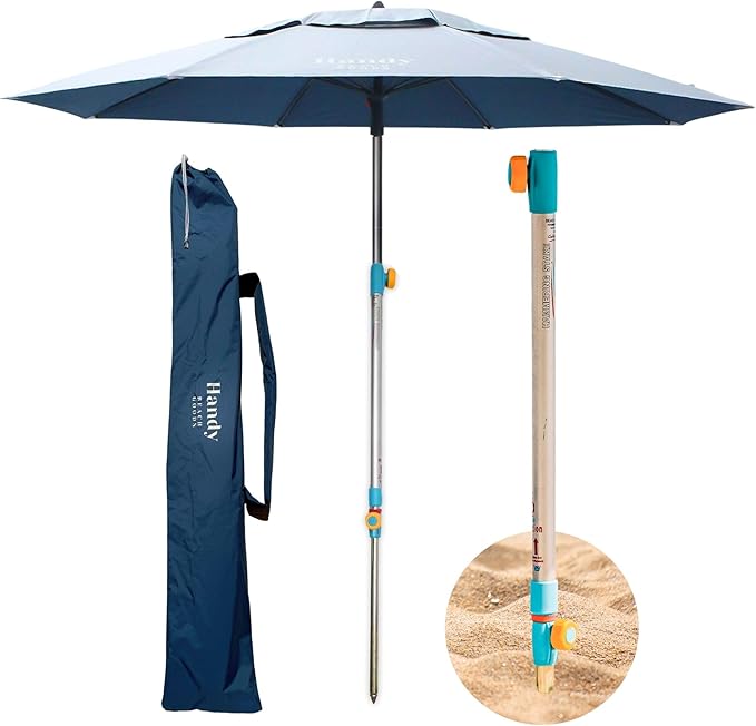 Handy Beach Umbrella & Anchor System, Large 7ft Silver Coated UPF 55 Canopy, 10 Second Installation, Wind Resistant, Durab...