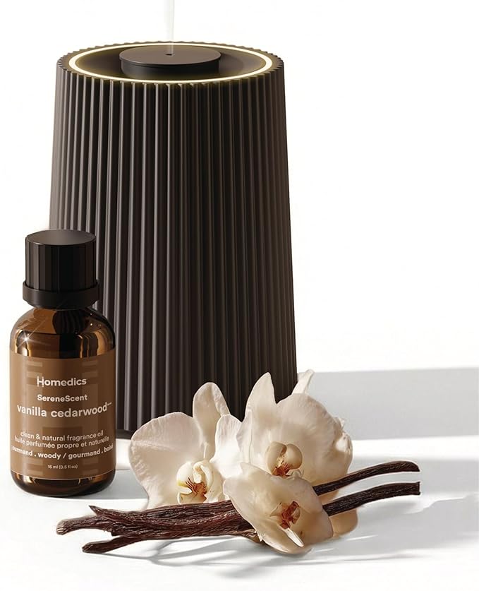 Homedics Waterless Essential Oil Diffuser with 15ml Vanilla Cedarwood Fragrance Oil. SereneScent Cordless Cold Air Scent D...