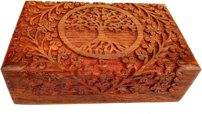 Ajuny Handcarved Wooden Decorative Treasure Chest Box 8 x 5 Inch Brown Tree Of Life Pattern - Multipurpose Use As Jewelry ...