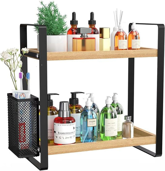 LEMIKKLE 2-Tier Wood Bathroom Counter Organizer with Basket,Waterproof Vanity Perfume Skincare Storage for Bathroom, Kitch...