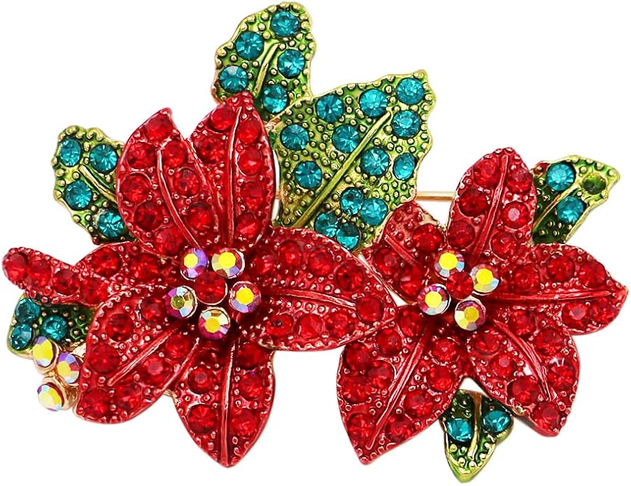 Rosemarie & Jubalee Women's Dazzling Red And Green Pave Crystal Rhinestone Poinsettia Christmas Holiday Flower Accessories