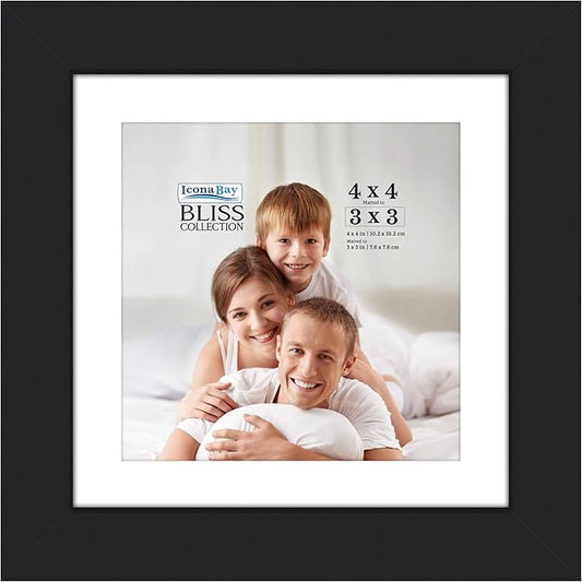 Icona Bay - 4x4 Black Picture Frame with Removable Mat to 3x3 Photo - Modern Style Engineered Wood Picture Frame - Table T...