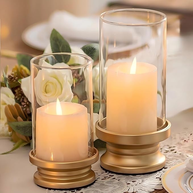 NUPTIO Hurricane Candle Holder Gold: Pillar Candle Holders with Clear Glass Sleeve - Set of 2 Decorative Brass Metal Pilla...