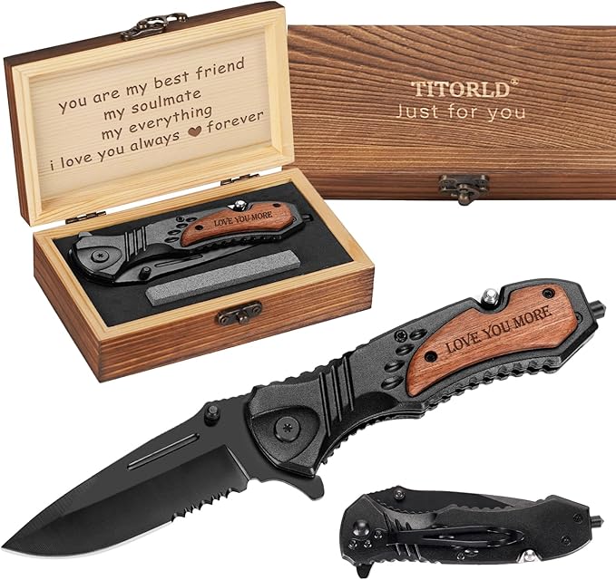Gifts for Men Dad Him Fathers Day, Anniversary Birthday Gifts ideas for Boyfriend Husband, Engraved Pocket Knife, Wooden H...