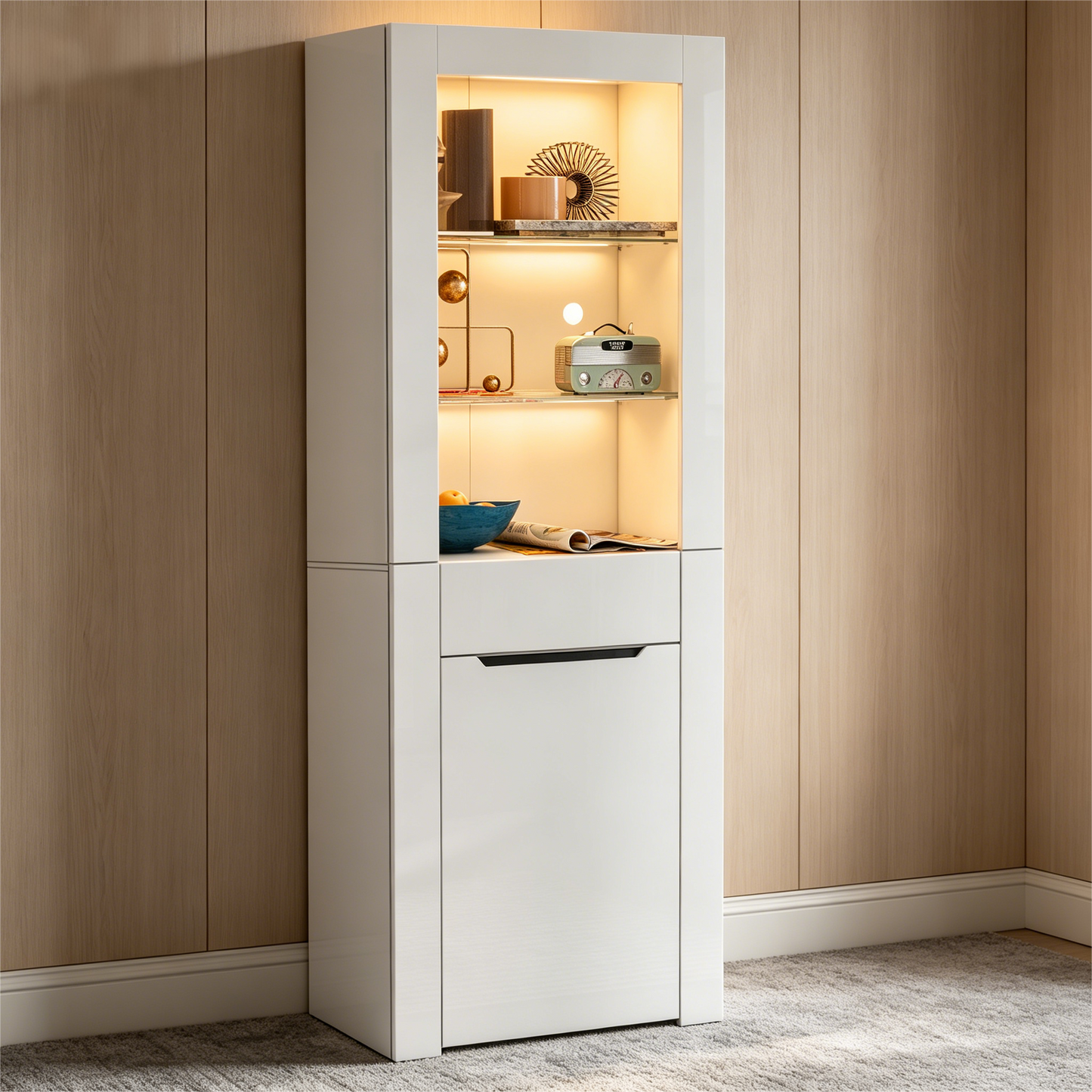 N625P216796797WVitrine With App LED Lights Bookcase Filing Cabinet Standing Display Cabinet Storage Cabinet With Shelves Display Cabinet Kitchen Cabinet Bookcase For Kitchen Living Room Office Dining
