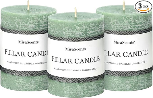 3x4 Inch Sage Green Pillar Candles - Set of 3, Unscented, Long Burning, Smokeless Dripless Candles for Spring Home Decor, ...