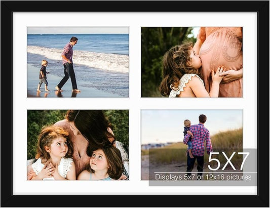 Golden State Art, 12x16 Black Wood Collage Picture Frame - Picture Frame with White Mat Displays Four 5x7 Photos - Collage...