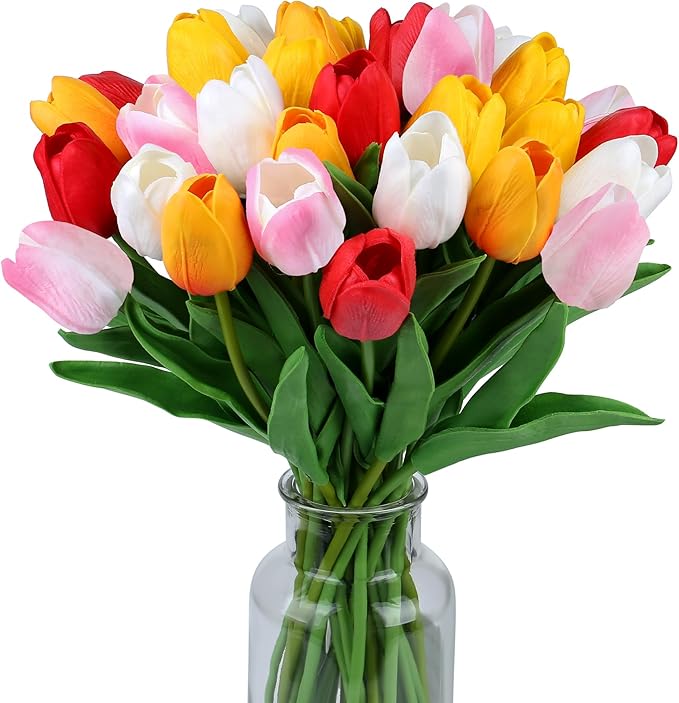 SITUMEIZI Fake Flowers Tulips Artificial Flower 15pcs Real Touch PU 14" for Spring Easter Home Kitchen Wedding Bouquet Bul...