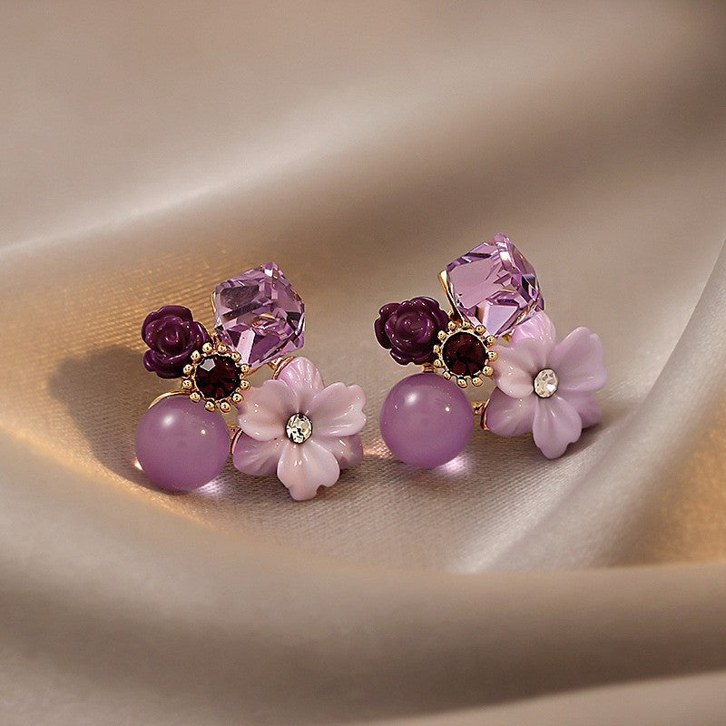 Purple Rhinestone Flower Earrings For Women Korean Style Crystal Luxury Elegant Versatile