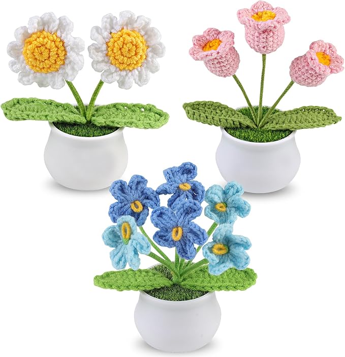 Aeekkya 3pcs Crochet Flowers Pot, Cute Handmade Crochet Flower Desk Decor with Sunflower, Lily of the Valley, Forget Me No...