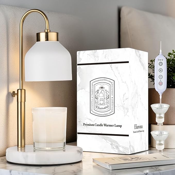 Marble Candle Warmer Lamp with Timer & Dimmer - Adjustable Height Electric Wax Melt Warmer fit for All Jar Candle Sizes, P...