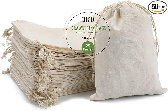 DRQ Cotton Drawstring Bags - EcoFriendly Muslin Gift & Party Favor Pouches (5 by 7 inch) - Unbleached Cotton Fabric Cloth ...