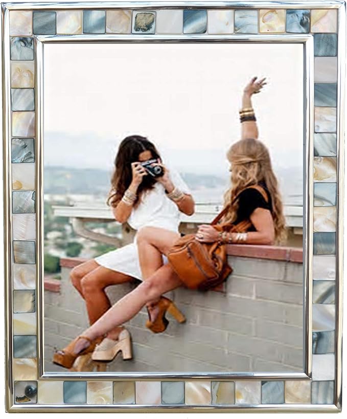 GIFTME 5 Silver Plate Picture Frame 8x10 Mother of Pearl Wall Frame 8by10 Wedding Photo Frame Mosaic Glass Tabletop Pictur...