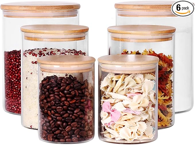 Tzerotone Glass flour Jars with Airtight Lids, 6 Pack Sugar and Flour Salt Containers Set, Extra Large Glass Rice Jar with...