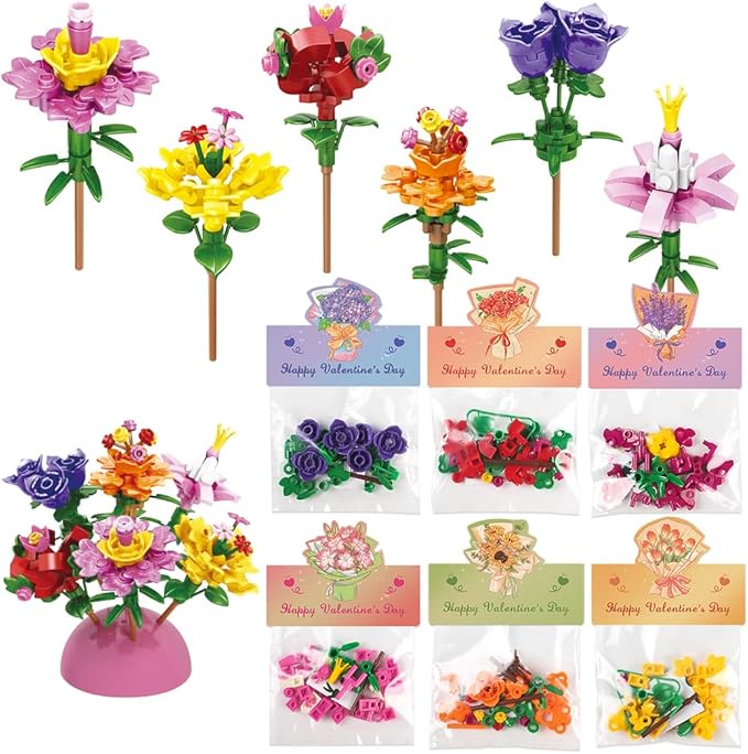 Valentines Day Gifts for Kids - 24 Pack Prepacked Valentine's Day Cards with Flower Building Blocks Crafts for School Clas...