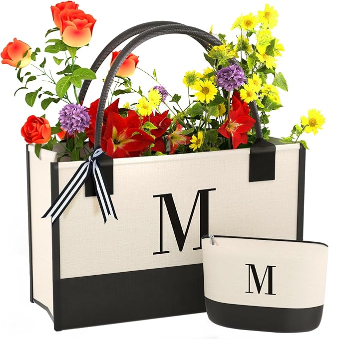 OATALY Monogrammed Canvas Tote Bag with Zipper Pockets - Ideal Gift for Mom, Teacher, Sister