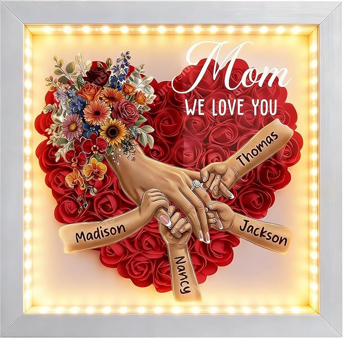 Personalized Mommy Holding Hands Shadow Box with Ring & Manicure – Custom Kids Names Floral Heart Frame, Premium (Holding ...