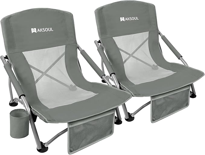 AKSOUL Folding Beach Chair for Adults: Low/High Back Chairs with Carry Bag - Extra Wide Seat Chair with Comfortable Pillow...