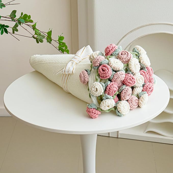 Crochet Flower Bouquet Throw Blanket, Handmade Knitted Blanket with Rose Flowers, Cute Romantic Gift for Her Girlfriend Mo...
