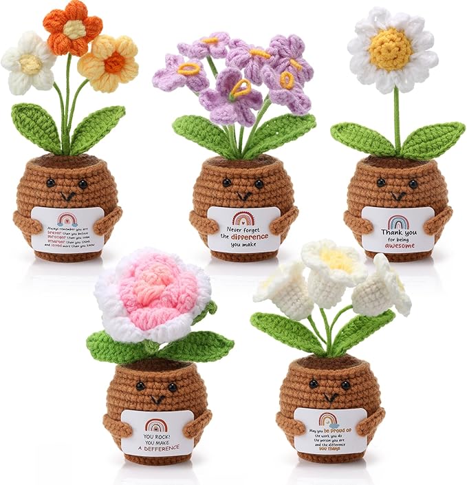 Geelin 6 Sets Positive Teacher Appreciation Gift Mini Crochet Flower Potted Doll with Card Emotional Rose Daisy Support Th...