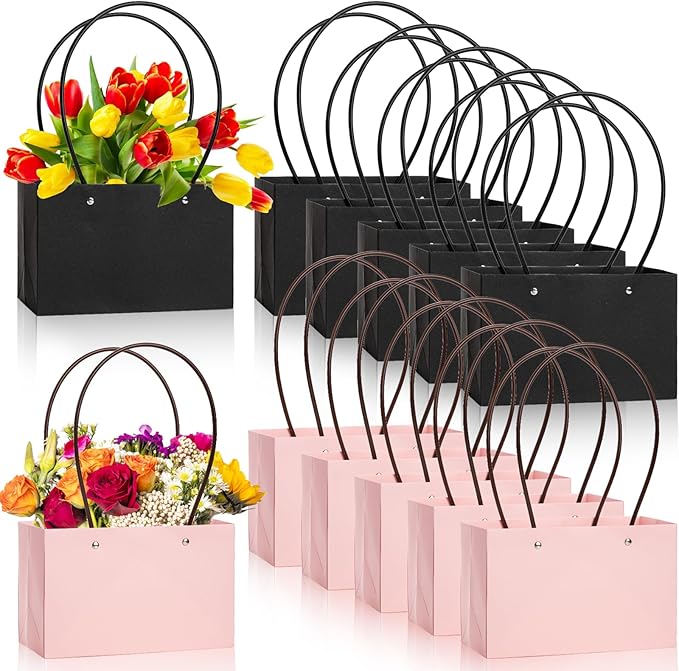 DEAYOU 12 Pack Kraft Paper Flower Gift Bags, Bouquet Bag Box with Handle, Small Paper Carrier Tote Bags with Waterproof Li...