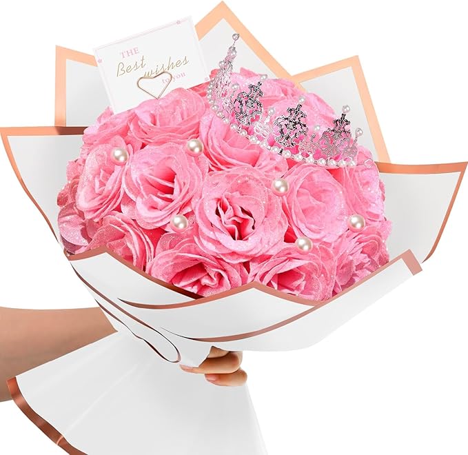 TLY Glitter Roses Bouquet,24 Pcs Pink Flower Bouquet,Birthday Gifts for Women,DIY Artificial Flowers for Mom Grandma Wife ...