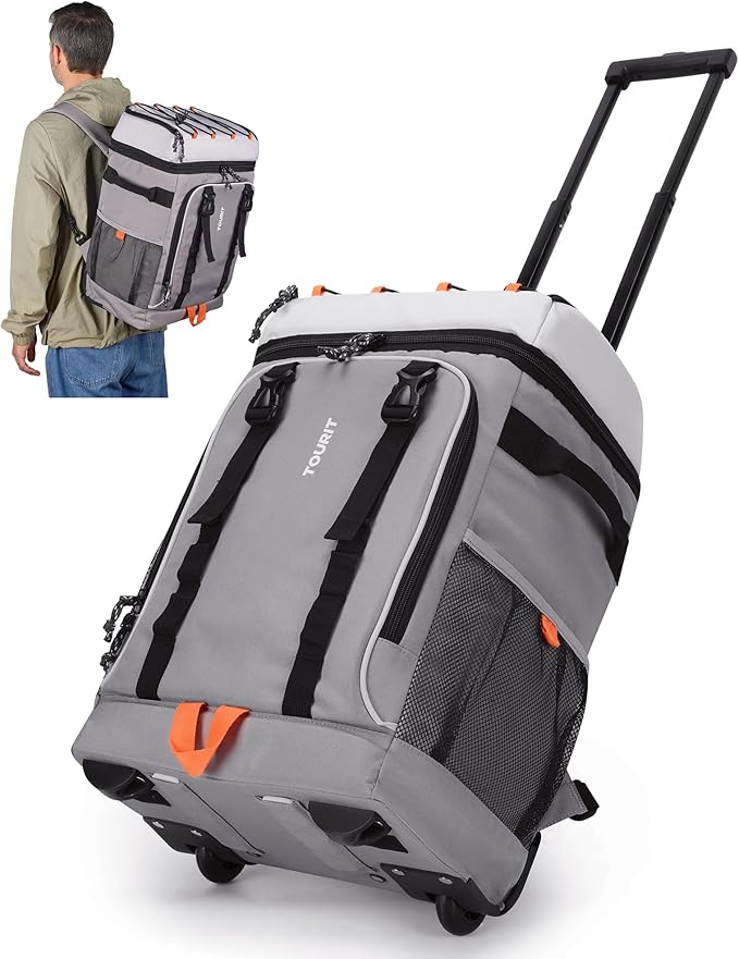TOURIT 50-Can Rolling Backpack, Double Deck & Dual-Bar Handle Travel Soft Cooler Bag with Wheels, 30L Space Beach Cooler S...