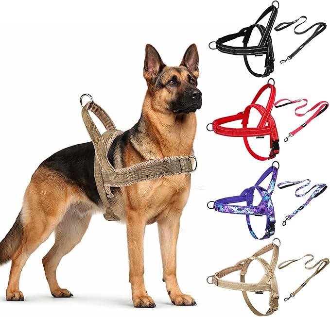 Wuhnesd No Pull Dog Harness and Leash Set-Reflective Vest with Handle&5FT Dog Leash with Car Seatbelt Clip,Breathable Mes...