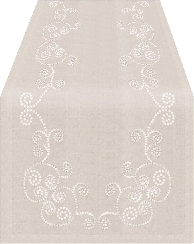 SARO LIFESTYLE 001.N1654B Augustina Collection Embroidered Swirl Design Linen Blend Table Runner, 16" x 54", Natural