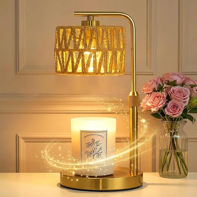 Candle Warmer Lamp with Timer, Dimmable Candle Warmer for Jar Candles, Height Adjustable Candle Lamp Warmer, Boho Rattan L...