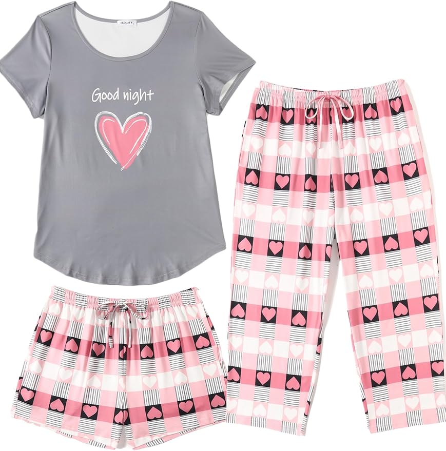 Ekouaer 3 PCS Capri Pajamas for Women Set Short Sleeve Pajama Sets Floral Pj Sets Soft Sleepwear with Pockets