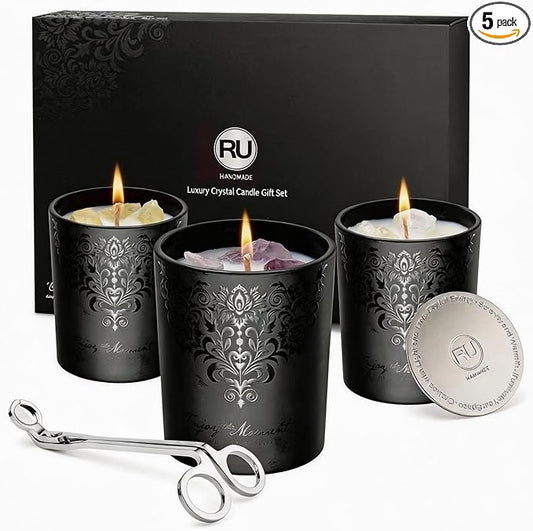 Luxury Black Crystal Candle Gift Set for Men – 3 Pack 7oz Soy & Beeswax Candles with Real Natural Crystals, Zinc Alloy Lid...