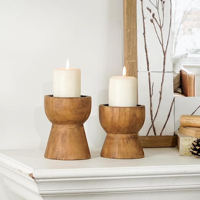 NIKKY HOME Farmhouse Wooden Candle Holders Set of 2, Rustic Solid Wood Pillar Candlesticks Pedestal, Fireplace Mantle Tabl...