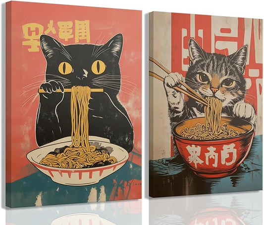 Framed Funny Black Cat Canvas Wall Art Set of 2, Vintage Japanese Cat Eating Ramen Poster, Unique Gifts and Animal Lover P...