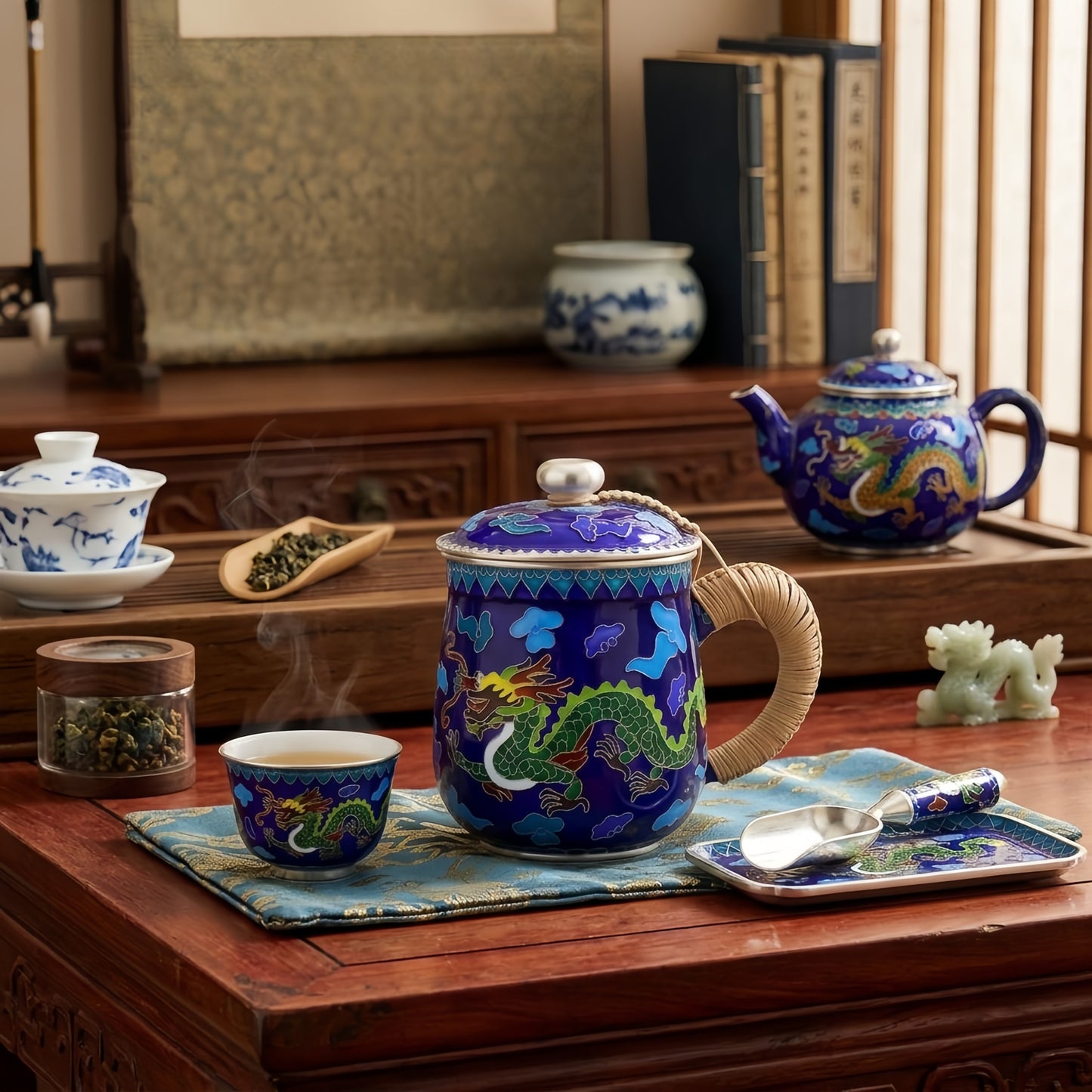 Pure 999 Fine Silver Vibrant Blue Cloisonné Dragon Tea Mug with Wicker Handle and Matching Lid - Handicraft