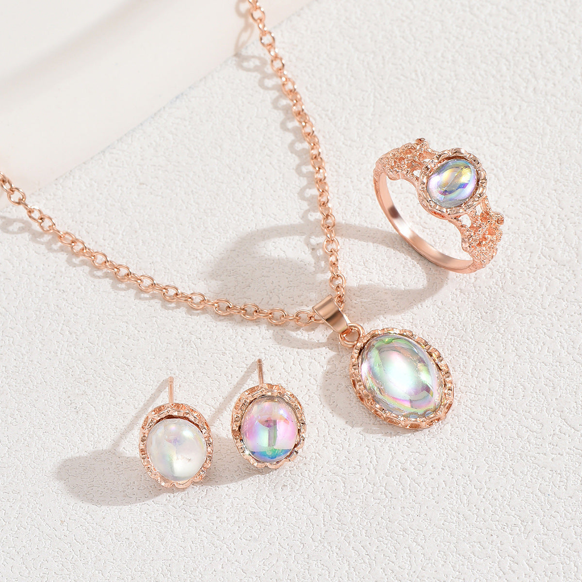 Cross-border European American Women Jewelry Set, Niche Inlaid Cubic Zirconia Necklace, Plain Band Ring & Matching Earrings, Premium Texture Versatile Daily Accessories