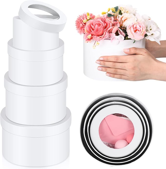 Weekgrat Set of 4 Round Gift Boxes for Presents, Flower Boxes with Lids for Arrangements, Flower Arrangements Nesting for ...