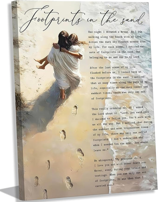 Footprints in the Sand Canvas Wall Art Chrisitan Inspirational Painting Picture Jesus Hugging Woman on Beach Poster Prints...