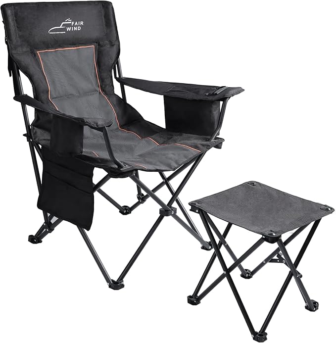 FAIR WIND Oversized Padded Camping Chair with Footrest Stool Set Heavy Duty Support 300 LBS Cooler Bag - Black
