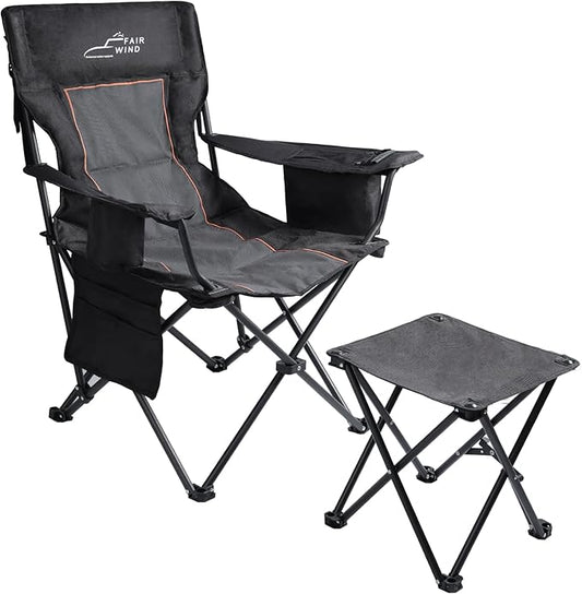 FAIR WIND Oversized Padded Camping Chair with Footrest Stool Set Heavy Duty Support 300 LBS Cooler Bag - Black