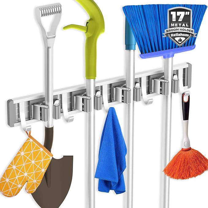 reliahom Adjustable Broom Holder Wall Mount, Mop Storage Tool Racks, Broom Hanger Tool Organizer for Garage, Kitchen, Gard...